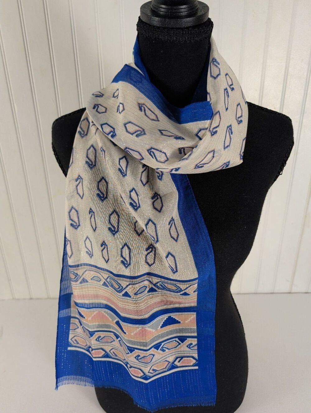 Vintage Berkshire Made in Italy Geometric Border Scarf Blue Cream